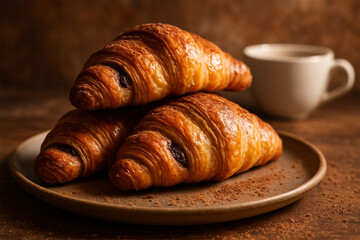 Two golden brown croissants stacked on a plate with a cup of coffee