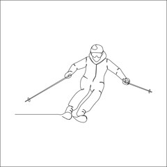 Minimalist line art of a skier skiing downhill, viewed from the front, with arms extended holding poles, dressed in full winter sports gear including helmet and goggles.
