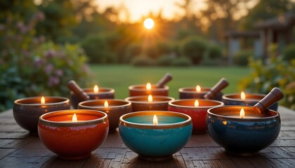 Scenic Sunset Backdrop with Colorful Candles in Singing Bowls Outdoors