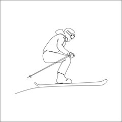 Fototapeta premium Continuous line drawing of a skier in mid-air jump position, wearing ski gear and goggles, demonstrating dynamic winter sport movement on a slope.