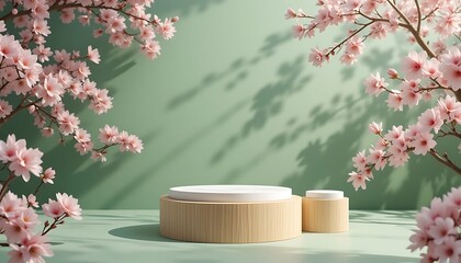 Elegant Spring Blossom Product Display Mockup with Wooden Platform and White Circular Tops