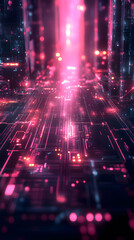 Futuristic technology background with a vibrant pink and blue digital matrix. Abstract cybernetic cityscape with glowing data streams.