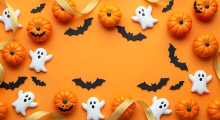 Halloween border with pumpkins, ghosts, bats, and spiders on an orange background
