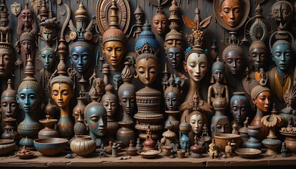 Ancient Artifacts Collection: A Stunning Display of Diverse Masks, Statues, and Vases