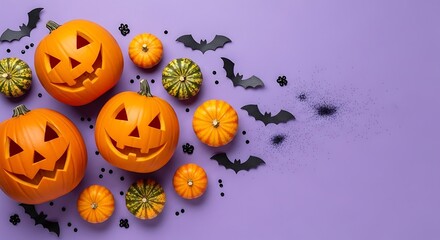 Carved halloween pumpkins and bats scattered on a vibrant purple background