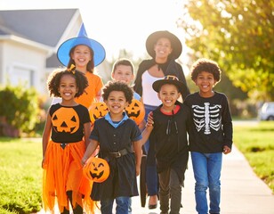 Children in Halloween Costumes Walking with Parents at Sunset

