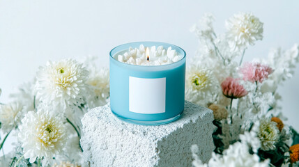 candle in a glass jar with a white label surrond by flowers