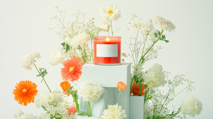 candle in a glass jar with a white label surrond by flowers