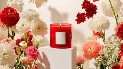 candle in a glass jar with a white label surrond by flowers