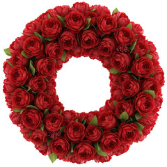 A lush circular wreath crafted from numerous vibrant red roses isolated on transparent background