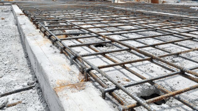 Concrete foundation with rebar grid, ready for construction.