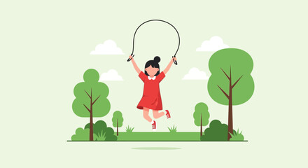 Naklejka premium Happy Girl Jumping Rope Enjoying Outdoor Activity in Summer Park