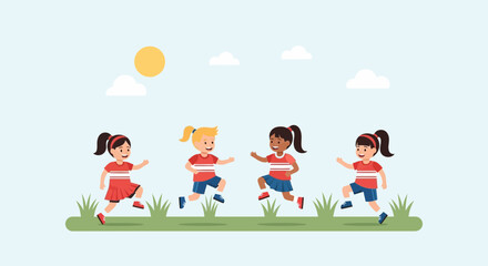 Fototapeta premium Happy Girls Running Together Outdoors In Summer Sunlight And Clouds Illustration