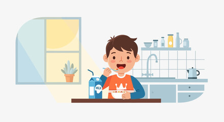 Fototapeta premium Happy Little Boy Enjoying Cereal And Milk For Breakfast Illustration
