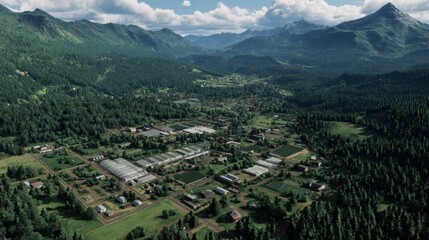 Fototapeta premium Aerial view of a lush valley surrounded by mountains, showcasing greenery and a network of buildings.