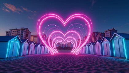 Neon Pink Hearts Archway on Beach at Night with Beach Huts and City Skyline