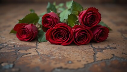 Stunning Close-Up of Five Deep Red Roses on a Cracked Brown Surface, Romantic Valentine's Day Flowers