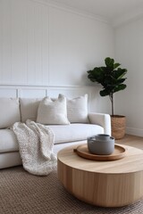 Cozy Living Room Interior With Minimalist Sofa, Sleek Coffee Table, And Verdant Plant Creating A Tranquil Ambience