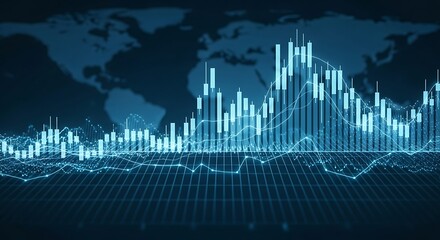 Global Stock Market Analysis with Candlestick Charts and World Map Background