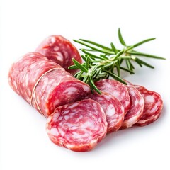 Sliced salami with rosemary isolated on white background