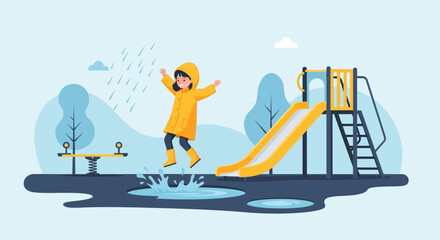 Joyful Child Plays in Puddles During Rainy Day at the Playground