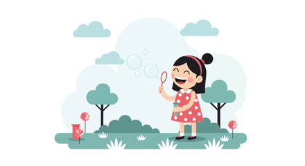 Fototapeta premium Happy Young Girl Blowing Bubbles Outdoors In A Whimsical Park Setting