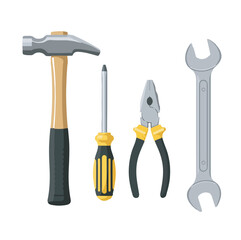 Vector Illustration of Essential Hand Tools Hammer, Screwdriver, Pliers, and Wrench Collection for Home Improvement, Construction, and DIY Repair.