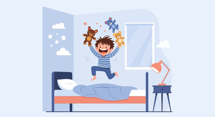 Joyful kid playing in his bedroom with teddy bears, filled with childhood happiness