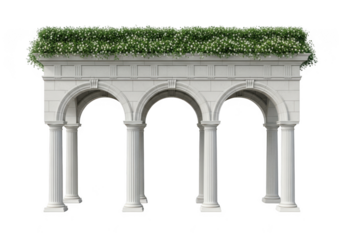 Elegant white stone gazebo with lush green foliage on top isolated on transparent background