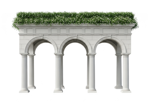 Elegant white stone gazebo with lush green foliage on top isolated on transparent background