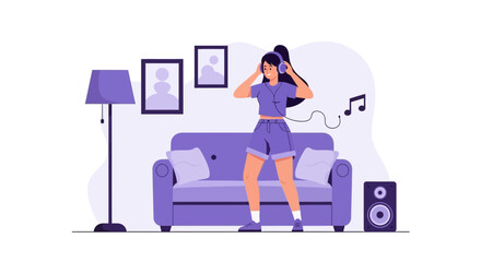 Fototapeta premium Joyful Young Woman Dancing to Music With Headphones at Home