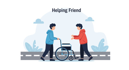 Kindness And Care A Friend Helps Another With Wheelchair Assistance In Park