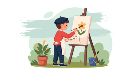 Illustration of a boy painting a flower on a canvas with artistic elements outdoors