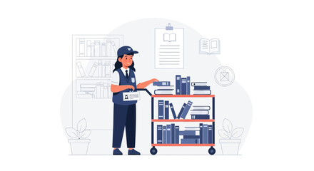 Librarian Arranging Books on a Cart in Library Environment Ready for Readers