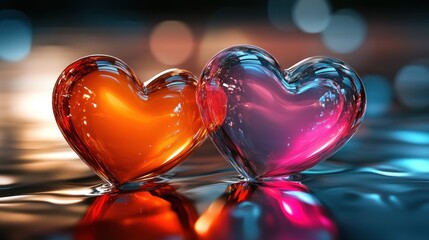 Fototapeta premium Two vibrant, translucent hearts on water