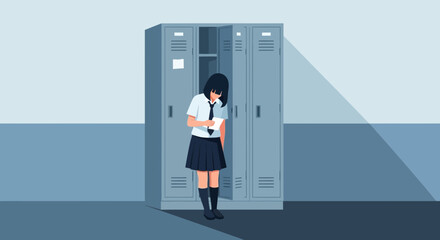Fototapeta premium Lonely Teenager Leaning At School Locker With A Note In Hand, Sad Situation