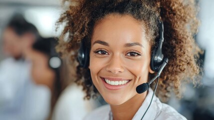 Smiling woman wearing a headset in a bright, professional environment.