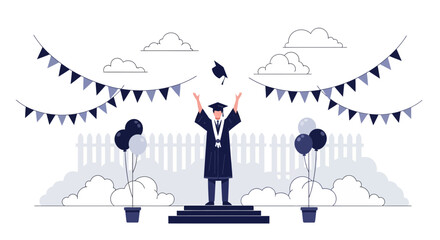 Illustration of a graduate celebrating success outdoors in minimalistic style