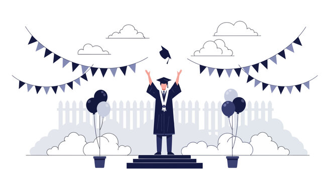 Illustration of a graduate celebrating success outdoors in minimalistic style