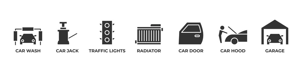 Complete Auto Care Icons set vector illustration glyph with Car wash, Car jack, Traffic lights, Radiator, Car door, Car hood, Garage
