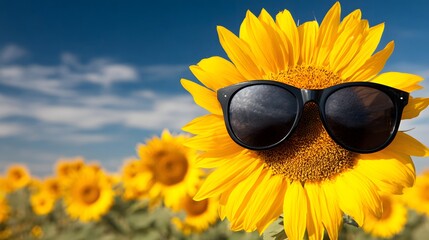 A sunflower wearing sunglasses against a bright sky.