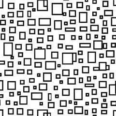 Black outlined squares and rectangles of varying sizes scattered on a white background forming a pattern