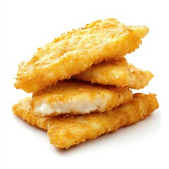 Stack of crispy golden fish fillets isolated on white background
