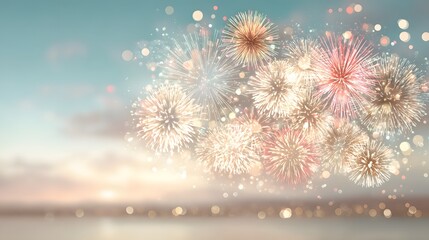 Colorful fireworks burst against a soft pastel sky.