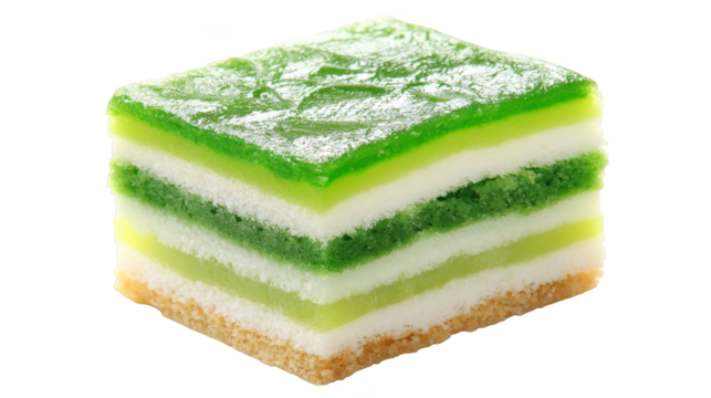 A delicious layered dessert bar with green and white layers, sitting on a cookie base, isolated on a white background.