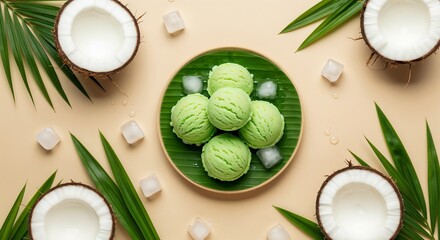 Colorful buko pandan ice cream scoops elegantly arranged on a banana leaf plate, surrounded by fresh coconut halves and ice cubes, creating a tropical delight.