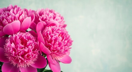 Obraz premium Close-up of vibrant pink peony flowers in full bloom against a soft blue-green textured background. Beautiful floral still life.