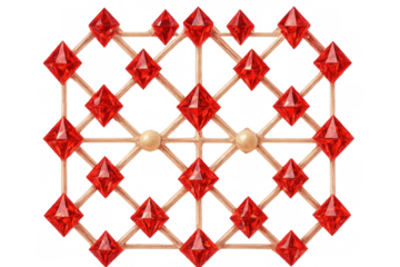 Intricate network of interconnected red crystal diamonds and gold spheres forming a complex structure on a transparent background