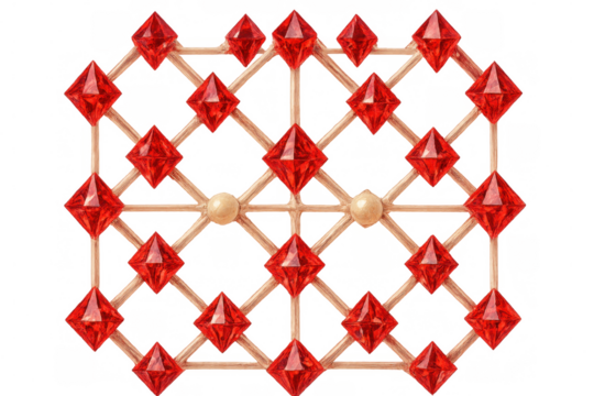 Intricate network of interconnected red crystal diamonds and gold spheres forming a complex structure on a transparent background