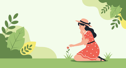 Naklejka premium Illustration of a woman in a garden contemplating a flower in a serene natural setting